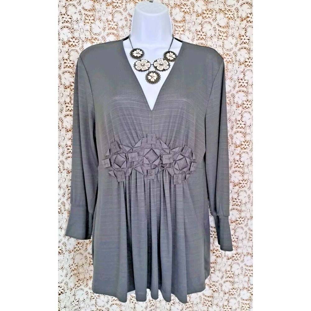 I.C.E. Tunic Top Size M Gray V-Neck‎ Long Sleeve Babydoll Polyester Spandex Y2K